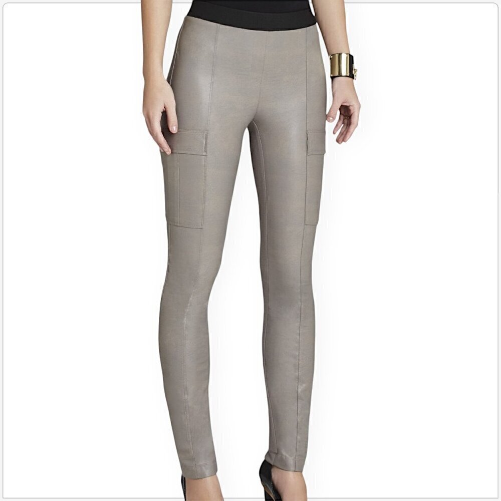 BCBGMaxazria Wilcox Cinder Pleather Faux Leather Knit Leggings Pants Stretch XS